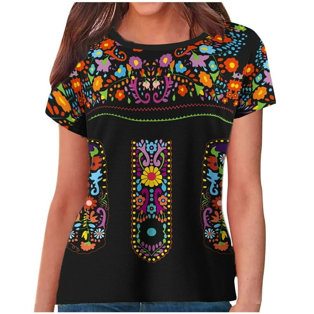 Estilo Étnico de Verano Superior de las Mujeres Impreso Cuello Redondo Manga Corta Superior, Tops Cortos para las Mujeres