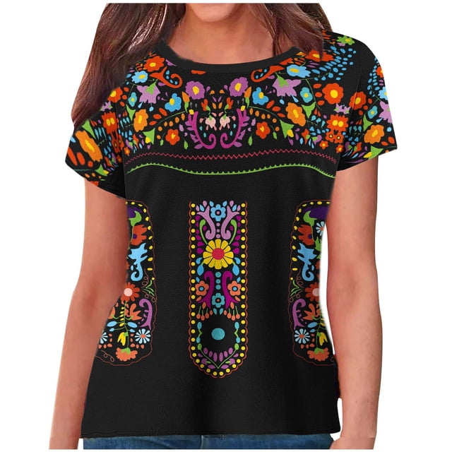 Birdeem Blouses pour Femmes Style Ethnique Rétro Imprimé Manches Courtes Col Rond