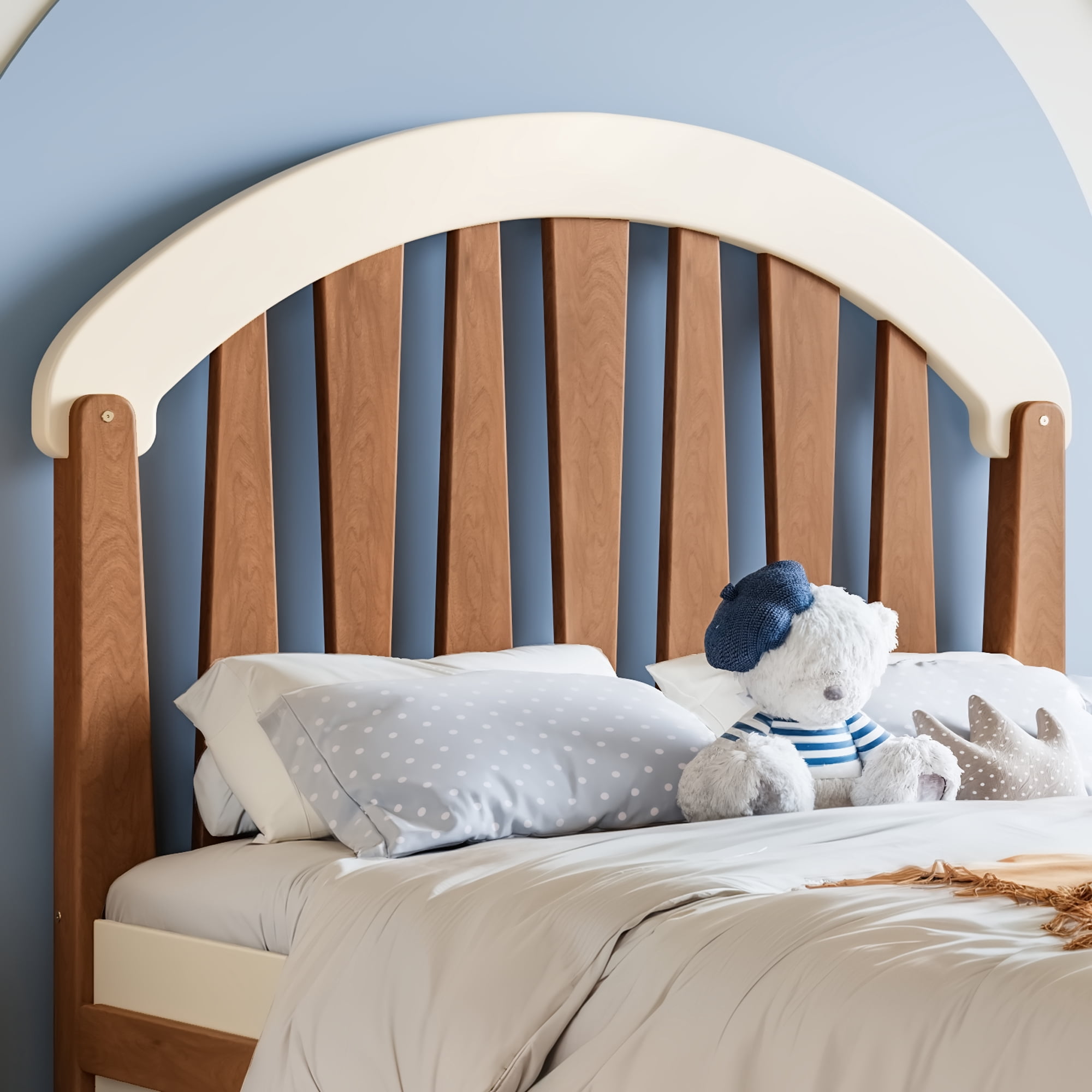 Platform Bed with Storage Drawer and Round Headboard, Twin Solid Wood Bed Frame with No Box Spring Needed for Bedroom, Beige and Natural