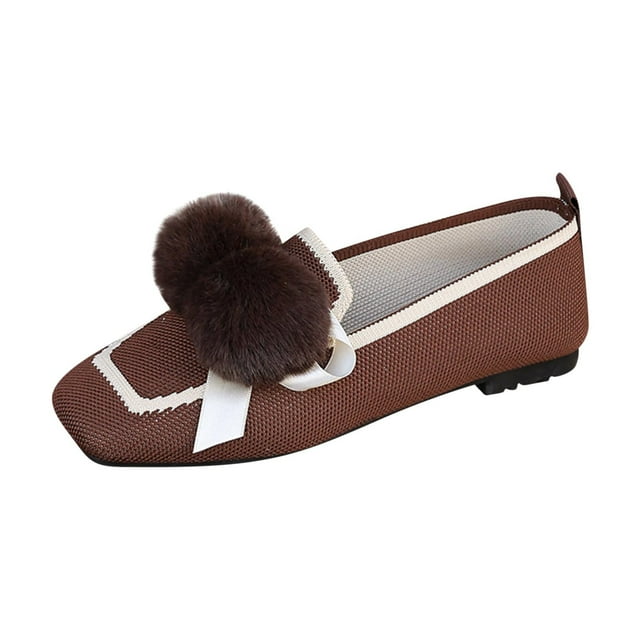 Brown Women'S Slip-On Flats With Stylish Pom Pom, Breathable Mesh Construction, Supportive Fit For All-Day Wear