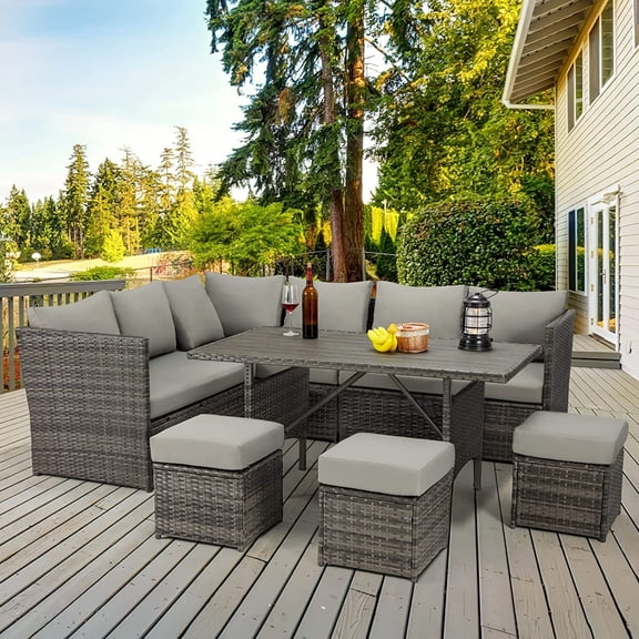 Wicker Outdoor Dining Table, 54 Inch Metal Frame Furniture for Garden Grey