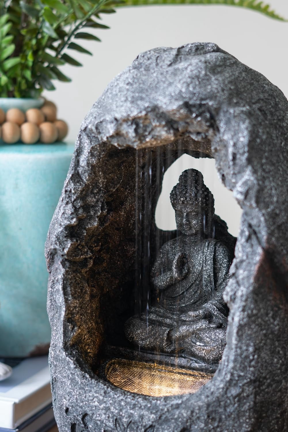 A&B Home 14" Sitting Buddha Waterfall Fountain with Light, Weather Resistant Polyresin Fountain, Indoor Outdoor Table Fountain