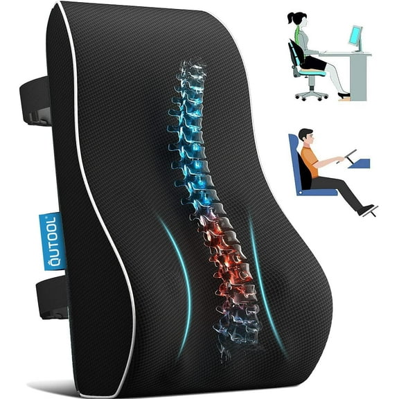 Qutool Lumbar Support Pillow for Office & Car, Ergonomic Memory Foam Back Cushion, Large Size Wedge Backrest, Black