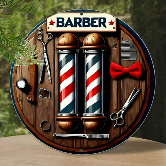 Room Decor 1pc Vintage Barber Shop Scissors Sign, Retro Aluminum Wall Art, 7.8x7.8 Inch Round Metal Plaque, Ideal for Home, Office, Kitchen, and Bar Decor, Perfect Thanksgiving and Christmas Gift