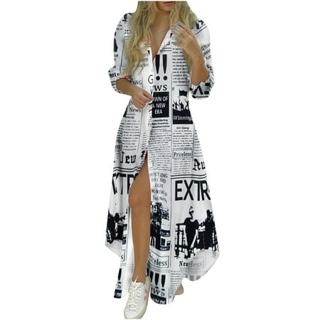 Ichuanyi Dresses for Women 2022, Fall Fashion Women Casual Stand Neck Long Sleeve Printing Long Dress