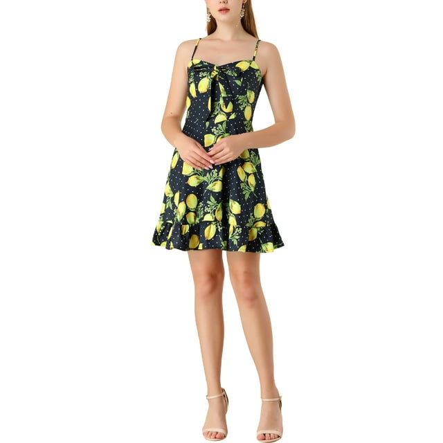 INSPIRE CHIC Robe à Pois Citron pour Femme à Bretelles Spaghetti avec Nœud