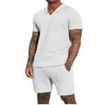 thumbnail image 3 of VBTAPA Mens 2 Piece Summer Outfits Waffle Knit V Neck Lapel Shirt and Shorts Set Solid Casual Track Suit with Pockets Limited Time Sales White XXL, 3 of 8