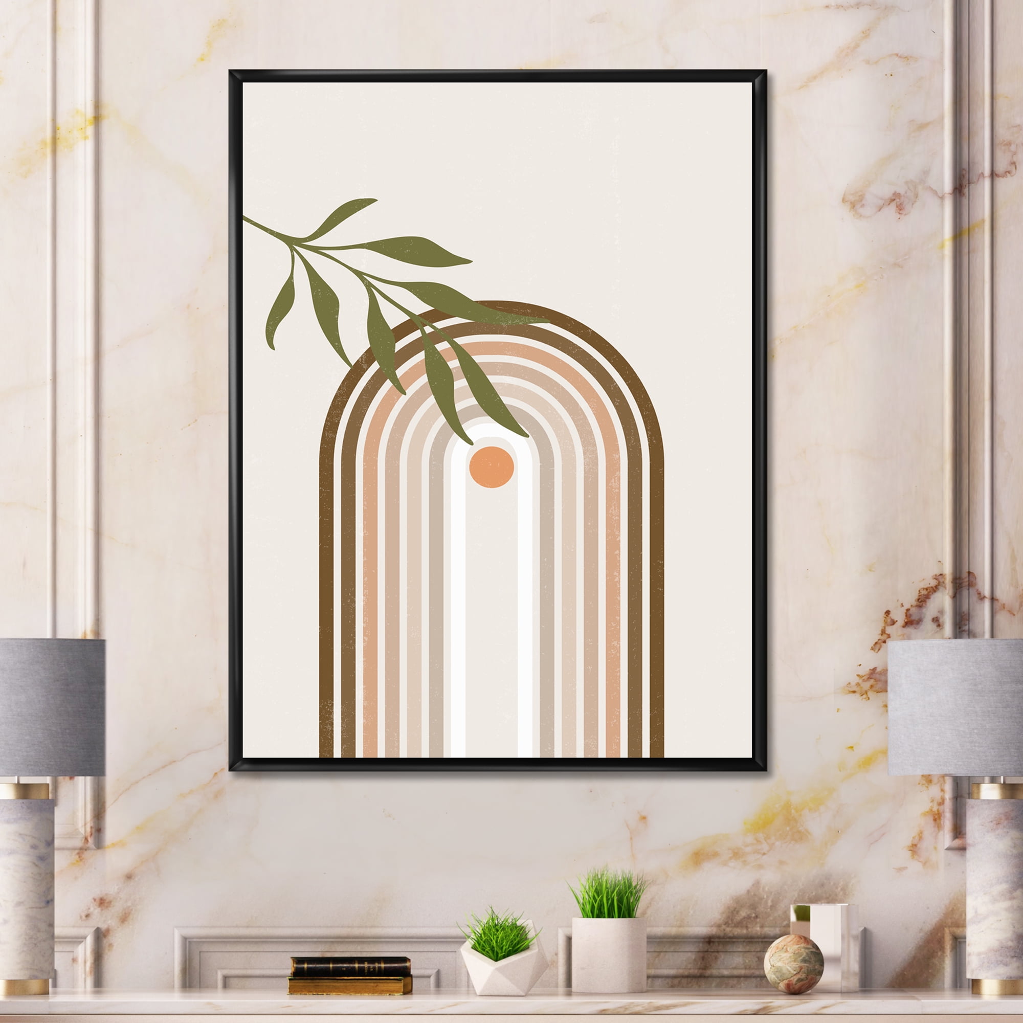 Designart 'Abstract Moon and Sun With Green Leaf I' Modern Framed Canvas Wall Art Print