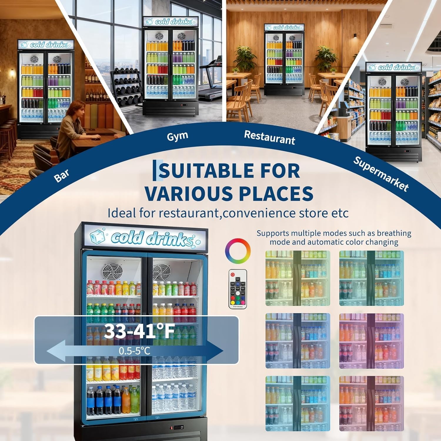 IdealHouse Commercial Beverage Refrigerator, 580 Can Black Commercial Display Fridge with 2 Glass Door, Drink Cooler with 4 Adjustable Shelves and Casters for Stores, Restaurant, Office