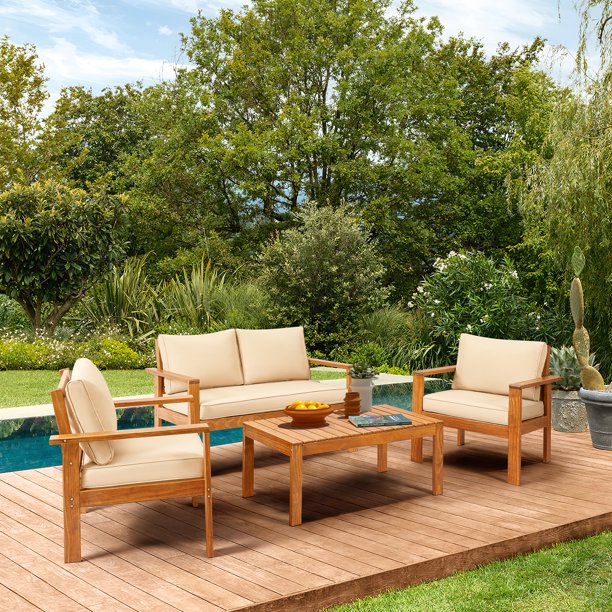 4Piece Patio Conversation Set,Wood Outdoor Sofa Set for Garden