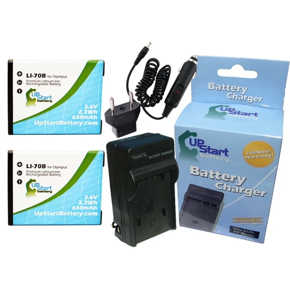 2x Pack - Olympus VG-140 Battery   Charger with Car & EU Adapters - Replacement for Olympus LI-70B Digital Camera Battery and Charger (650mAh, 3.6V, Lithium-Ion)