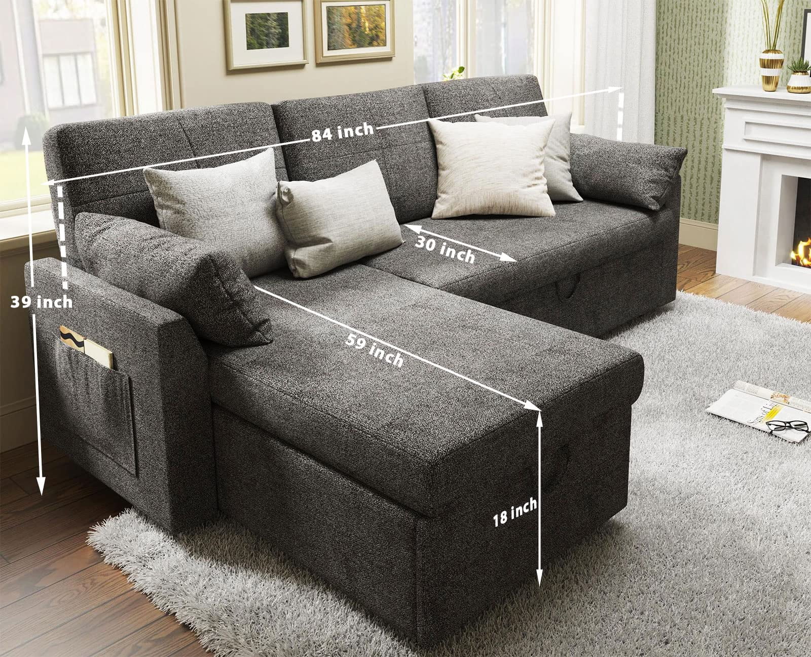 VANACC Sleeper Sofa with Storage Chaise-2 in 1 Pull Out Couch Bed for Living Room, Sectional Couch,Gray