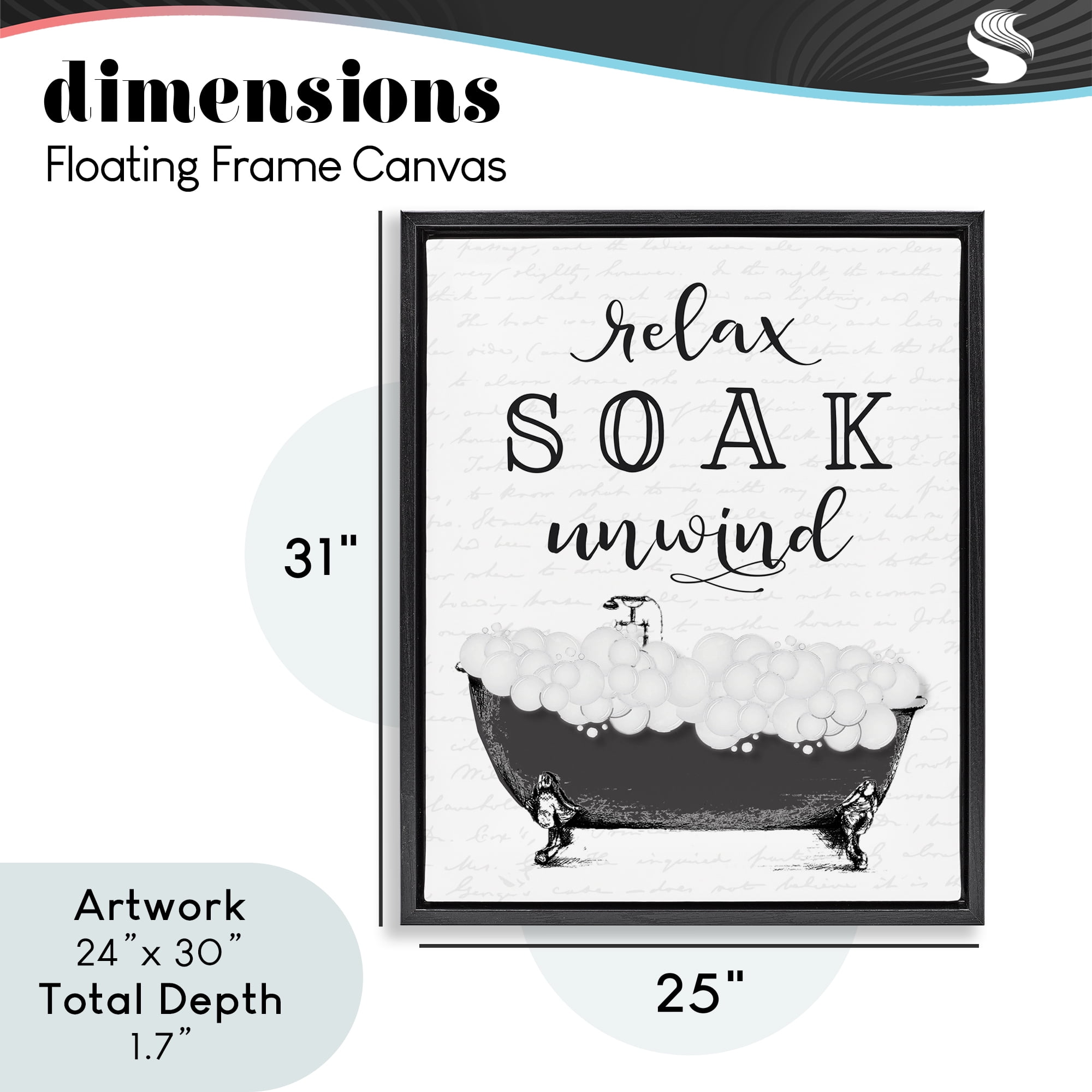 Soak Unwind Bubble Bath Black Framed Floater Canvas Wall Art, design by Lettered and Lined