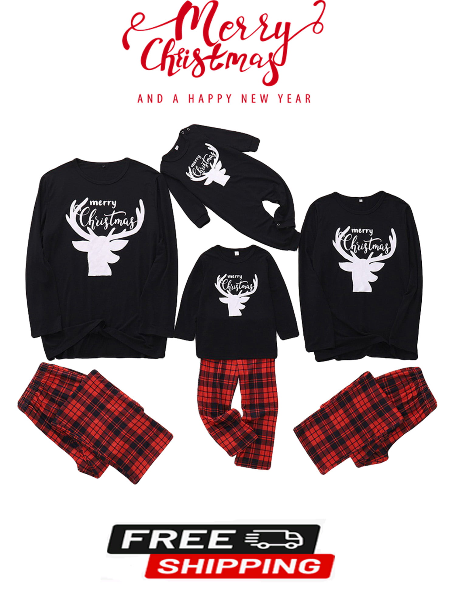 Family Matching Christmas Pajamas Suit/Romper, Letter Deer Printed Long ...