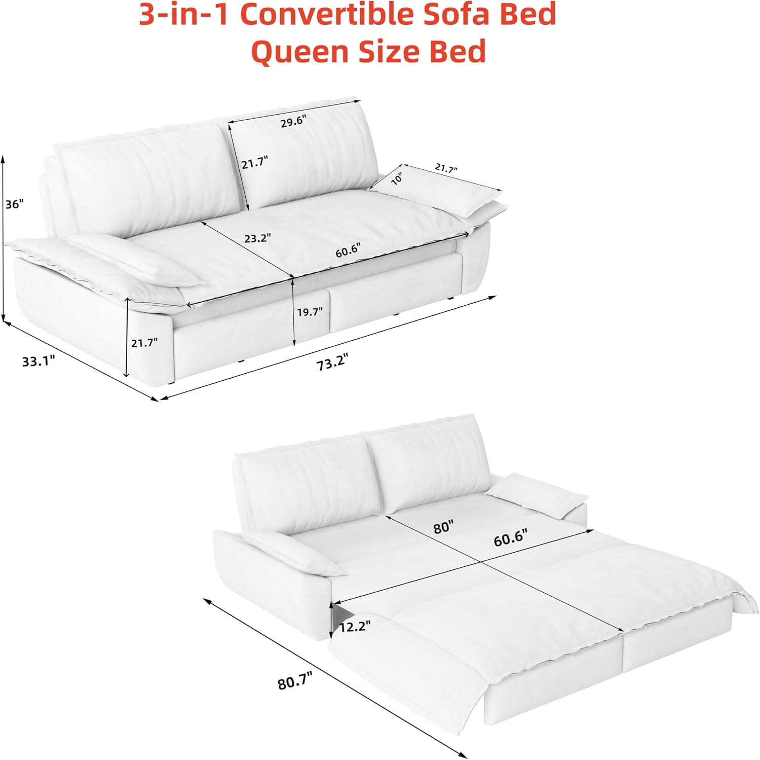 73.2" Queen 3‑In‑1 Convertible Sleeper Sofa Bed, Velvet Pull Out Multi‑Functional Loveseat, Beige+White