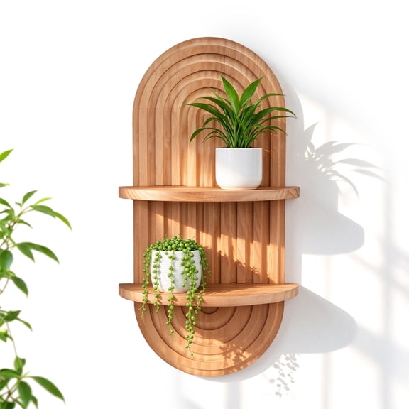 MOJINO Boho Plant Wall Shelf, 2-Tier Wooden Arched Floating Shelves for Wall, Mid Century Modern Hanging Plant Shelf for Living Room Bedroom