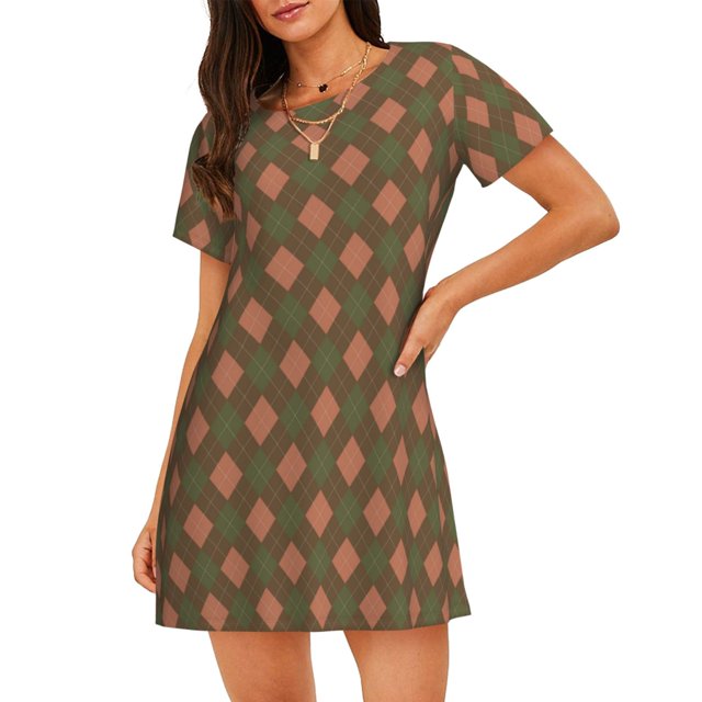 Disketp Green and Squares para Camisón Corto de Manga Corta para Mujeres, Camisón Cómodo con Escote Redondo, Bonito y Confortable