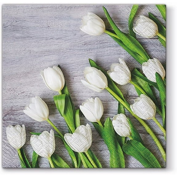 White Tulips Floral Decorative Lunch Paper Napkins 100pcs - Perfect for Decoupage, Spring Party, Birthday, Special Occasions, Weddings