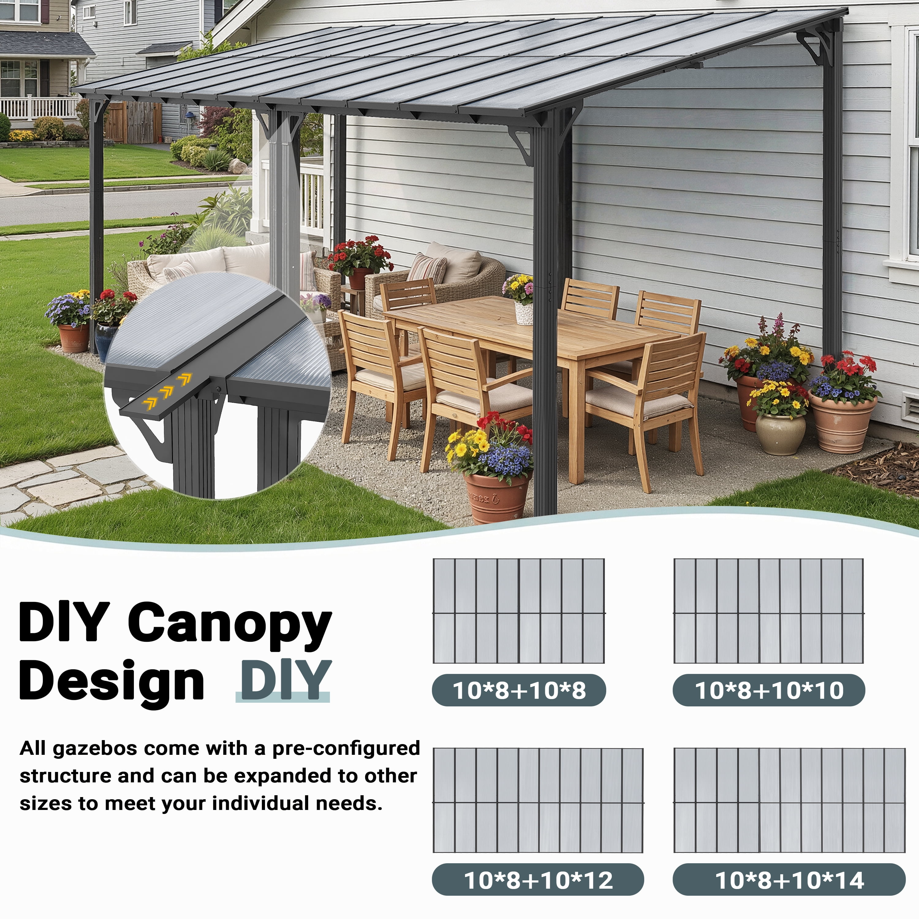 MUCHANT 10x8 ft Wall Mounted Gazebo, Hardtop Lean to Pergola with Polycarbonate Roof, Outdoor Patio Cover for Shade and Rain for Patios, Decks, Backyard