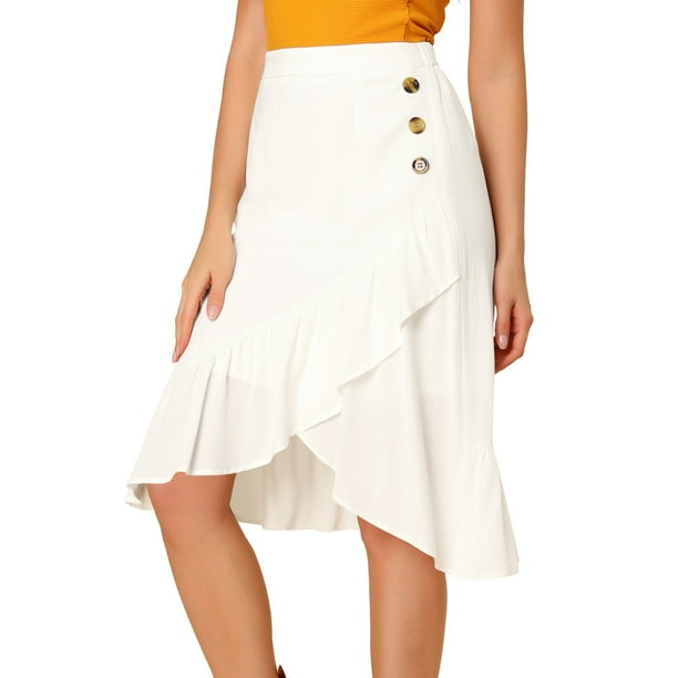 INSPIRE CHIC Falda asimétrica con dobladillo con volantes de color sólido y cintura alta con decoración de botones para mujer blanco XL