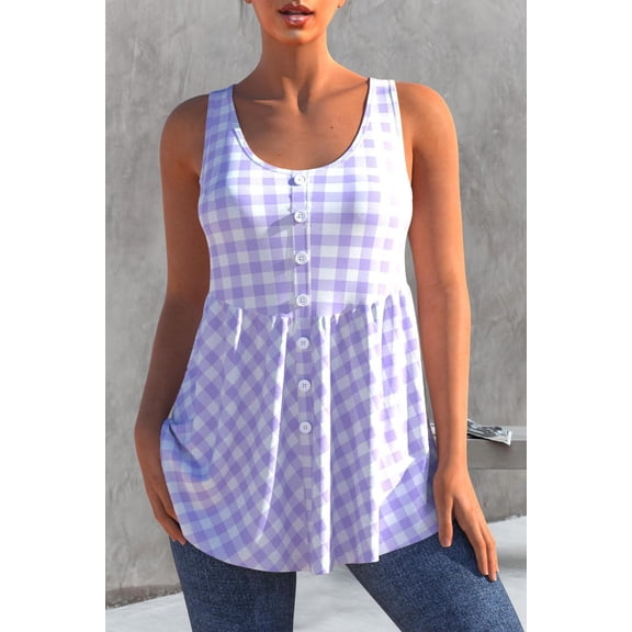 Women's Classic Gingham Sleeveless Peplum Tunic Top Button-Down Casual Tank Top with Side Pockets Flowy A-Line Summer Blouse
