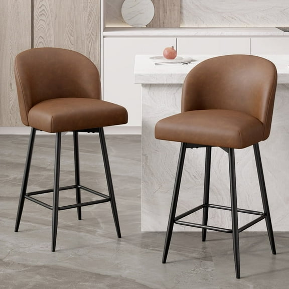 Fijinhom 26" Counter Height Bar Stools Set of 2, PU Leather Swivel Bar Chairs with High Back and Metal Legs, Brown