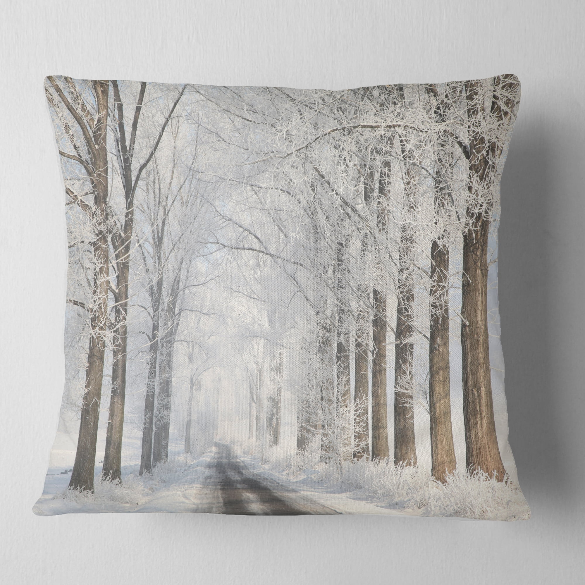 Designart Road Through Frosted Forest - Landscape Photo Throw Pillow - 18x18