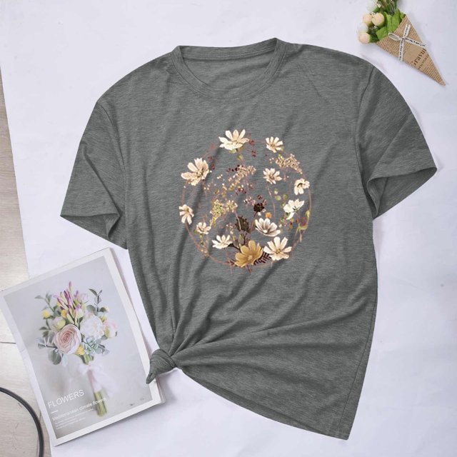 Fiudx Ofertas Flash Artículos En Oferta Blusas con Estampado de Flores Pequeñas para Mujer Top de Manga Corta con Cuello Redondo