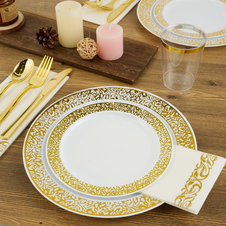 200-Piece White & Gold Plastic Plate Set – 100 Dinner Plates & 100 Dessert Plates, BPA-Free, For 100 Guests
