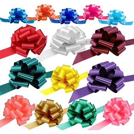 Gift Bow - Assorted Gift Pull Bows for Easter, Christmas, Birthdays - Various Sizes, Set of 15, Red, Blue, White, Green