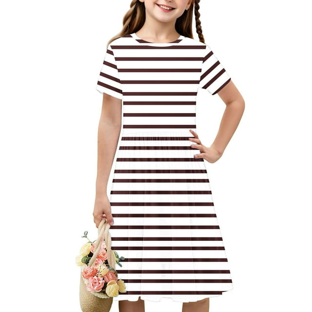 Soldes de Liquidation Aujourd'hui Offres Iumwxz Robe Décontractée Trapèze Robe Tunique pour Adolescentes Robes Col Rond à Rayures Graphique Robe à Manches Courtes pour Enfants Robes Sport pour Vacances 4-14a