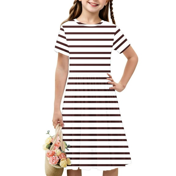 Teens Girls Dresses Summer 4-14Y Juniors Teens Trendy Short Sleeve Crewneck Stripe Printed Pleated Pullover Beach A-Line Midi Dress