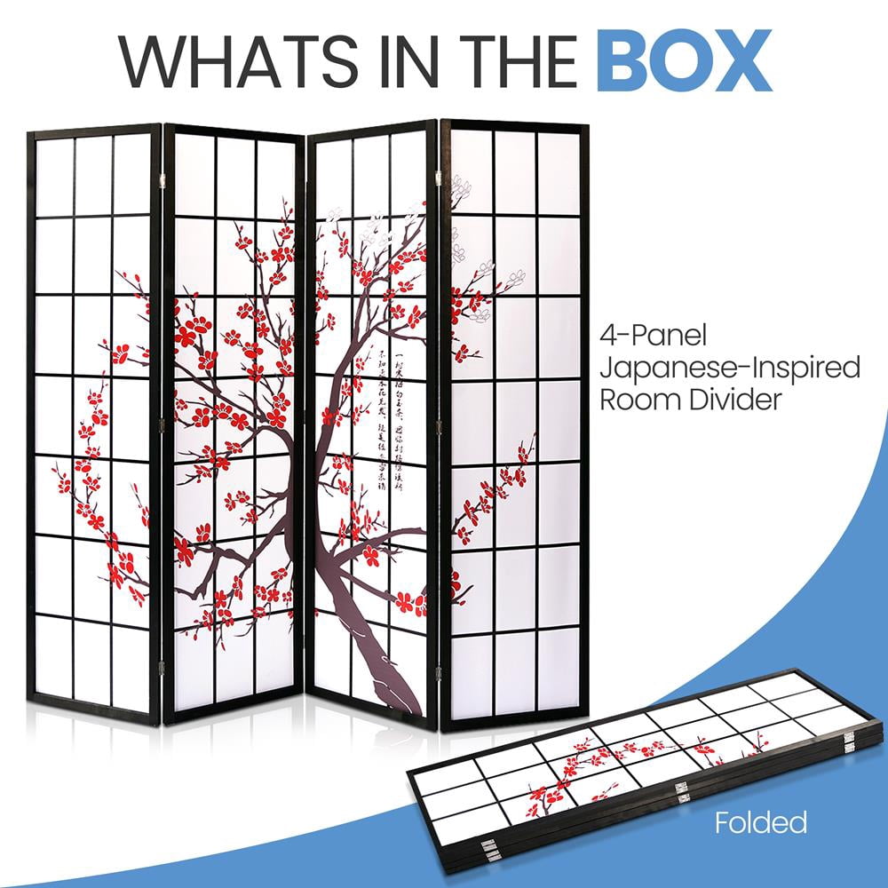 SereneLife Japanese Screen Room Divider Classic Indoor Decorative 4-Panel Separator, Plum Blossom