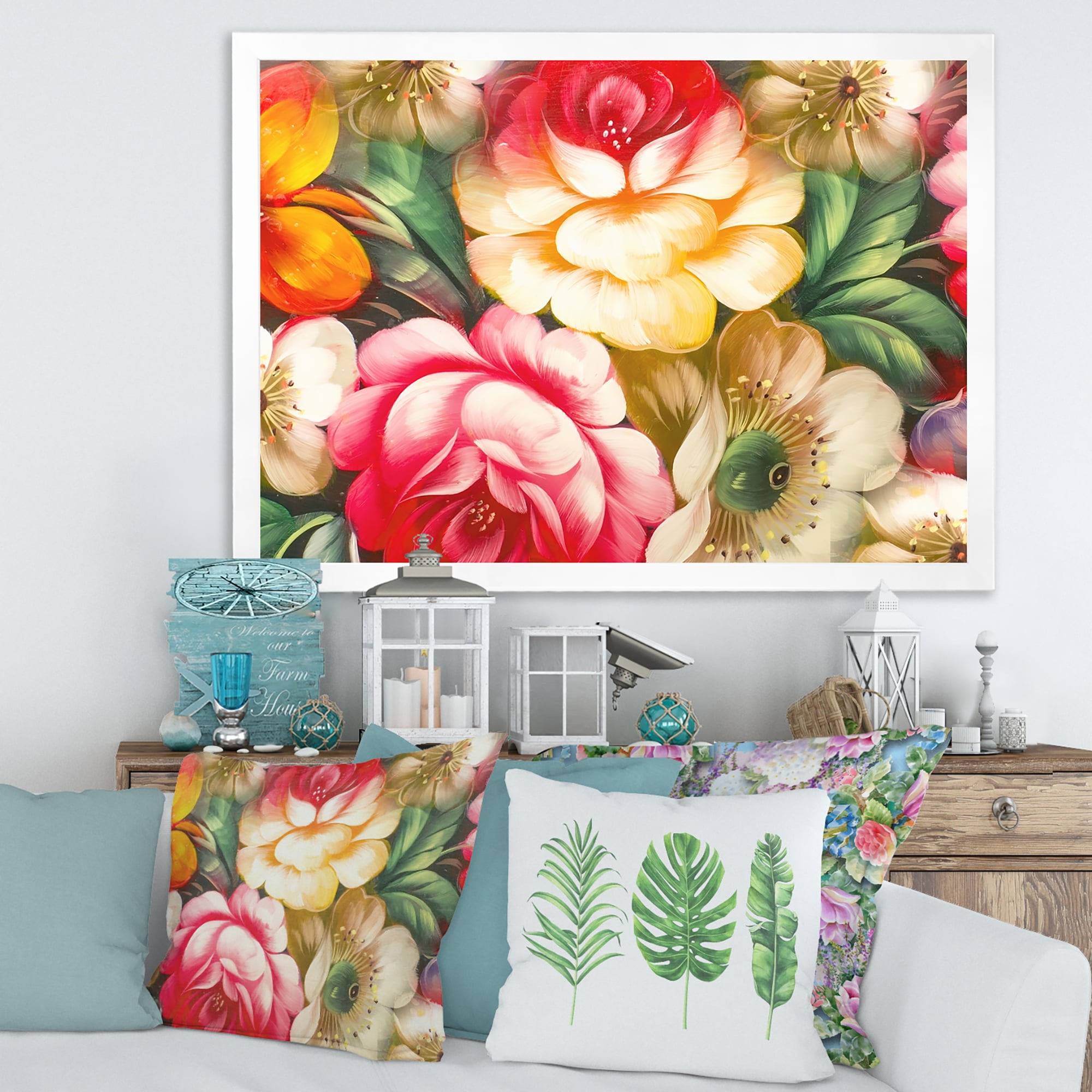 Designart 'Red and Yellow VIntage Flowers' Traditional Framed Art Print