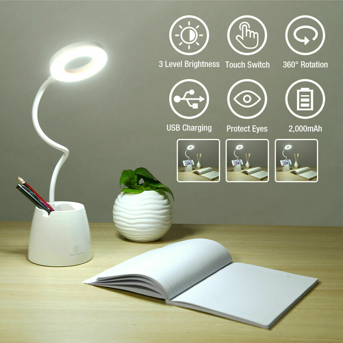 LED Desk Light Bedside Reading Lamp Dimmable Rechargeable Table Touch Control US 