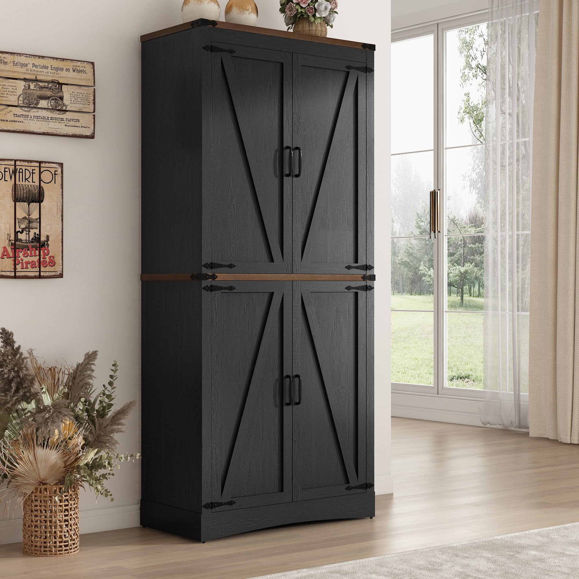 71" Tall Farmhouse Kitchen Pantry Storage Cabinet, 5 Layers Storage Cabinet with Adjustable Shelves, Pantry Cabinet with 4 Barn Doors for Kitchen, Dining Room, Bathroom, Living Room, Rustic Black
