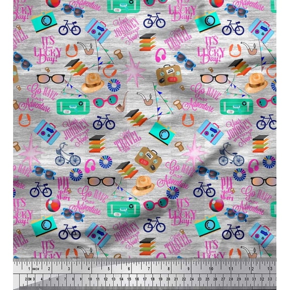 Soimoi Japan Crepe Satin Fabric Camera,Hat & Briefcase Travel Print Sewing Fabric Yard 42 Inch Wide