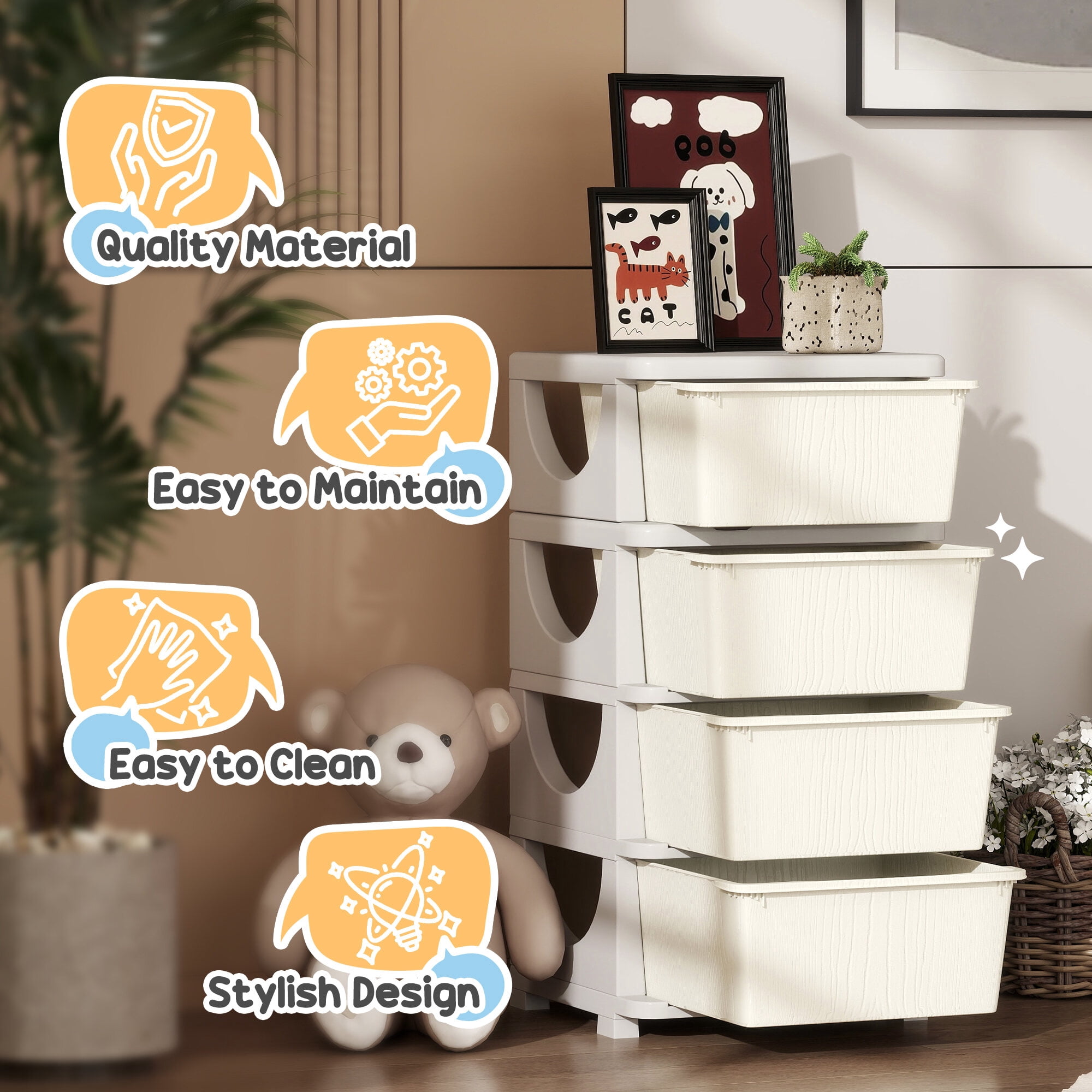 Qaba 4 Tier Kids Storage Unit,4 Drawer Chest Toy Organizer Plastic Bins for Kids Bedroom Nursery Kindergarten Living Room for Boys Girls Toddlers,Cream White,Cream White Plastic Furniture Youth Kids