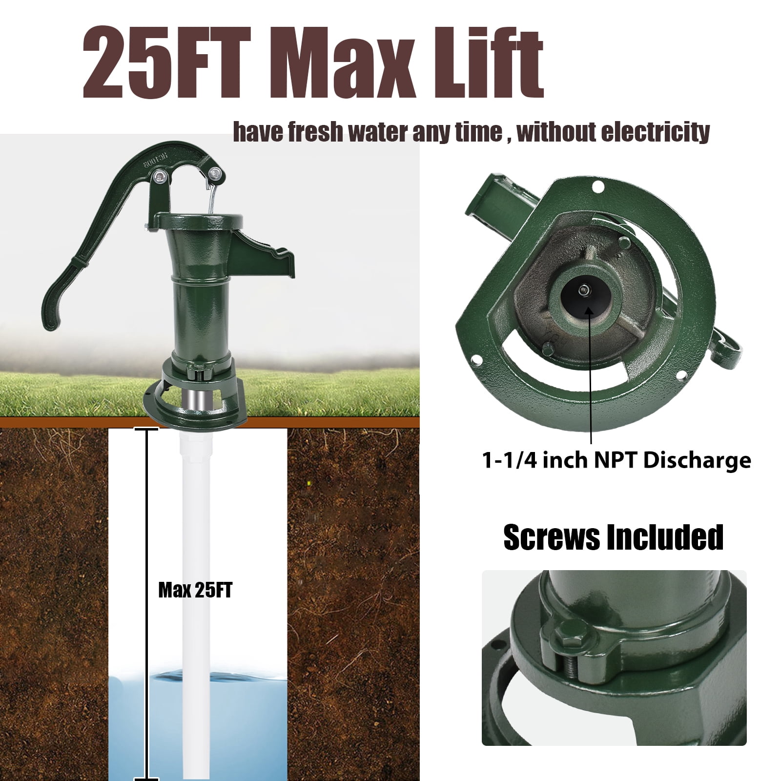 iMeshbean Antique Well Hand Pitcher Pump 25 ft Max Lift Cast Iron Manual Water Pump