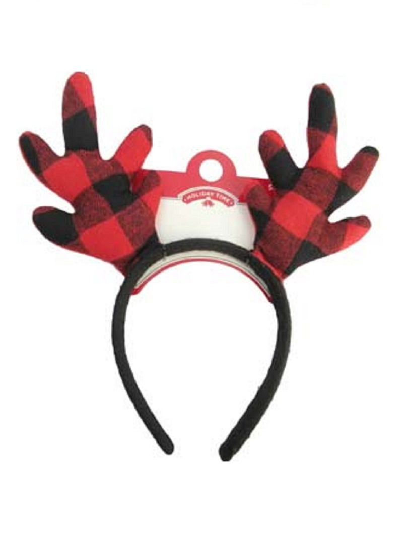 Holiday Time Buffalo Check Reindeer Antler Headband, for Women and Teens Black