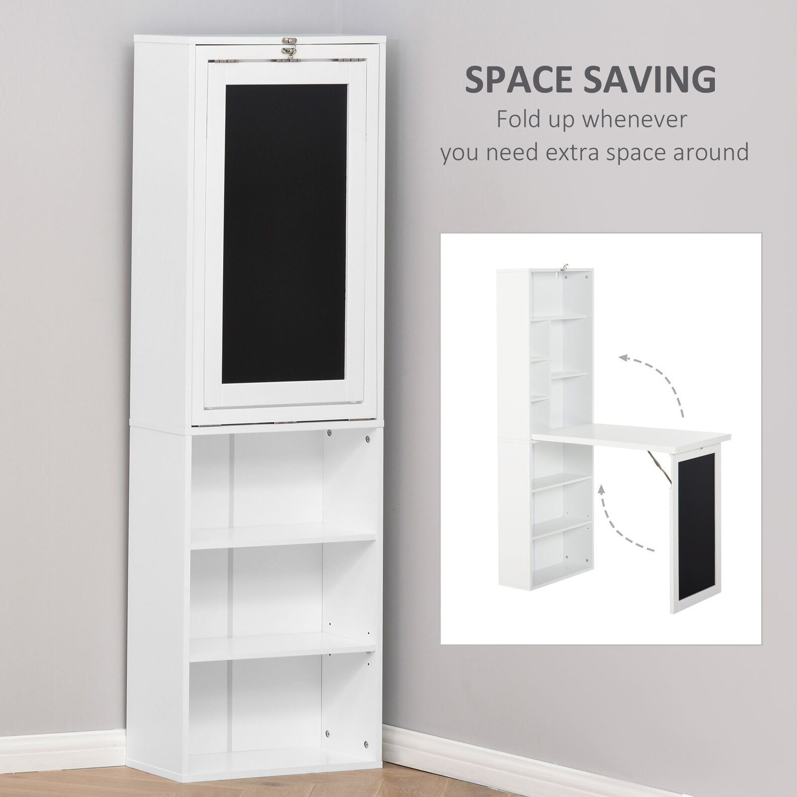 HOMCOM Fold-out Convertible Writing Table Wall Mount Desk Cabinet with Blackboard and Side Shelf Multi-Function Home Office Workstation, White