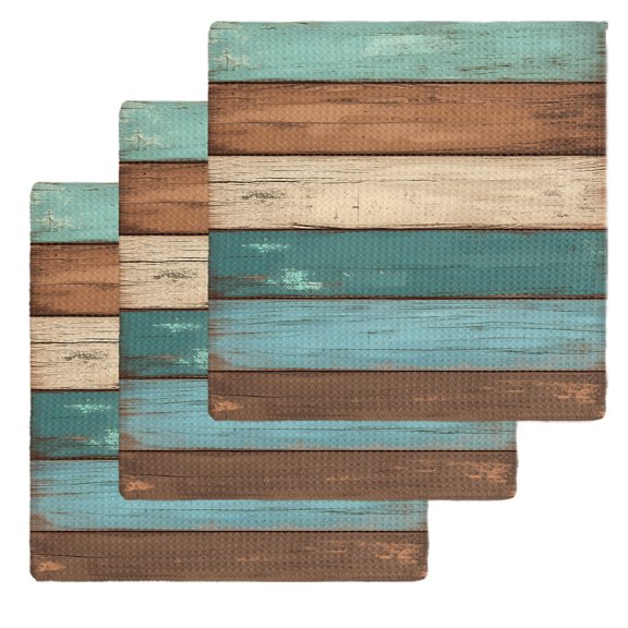 Farmhouse Blue Teal Brown Kitchen Dish Towels for Drying Dishes Set of 3, Ombre Wooden Vintage Waffle Weave Microfiber Hand Tea Bathroom Towels Quick Dry & Absorbent Towel 12x12