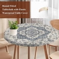 thumbnail image 4 of Beige Blue Boho Round Tablecloth, Fitted Table Cover with Elastic for 36"-44" Round Tables, Medieval Vintage Ethnic Floral Abstract Table Cloth Outdoor Indoor Dinning Party Waterproof Tablecloths, 4 of 7