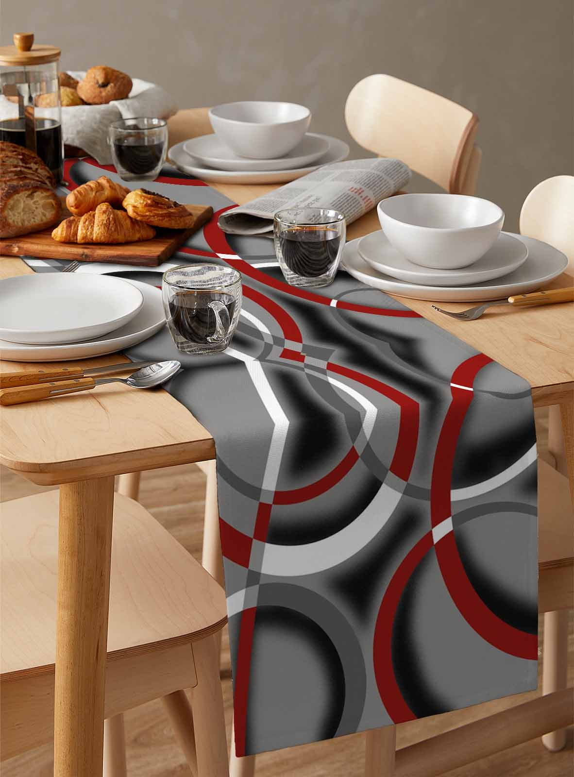 Grey Geometric Table Runner 72 Inches, Modern Abstract Black White Red Striped Bed Runner Dresser Scarves Tabletop for Indoor Outdoor Parties/Ceremony/Banquet, 16" x 72"