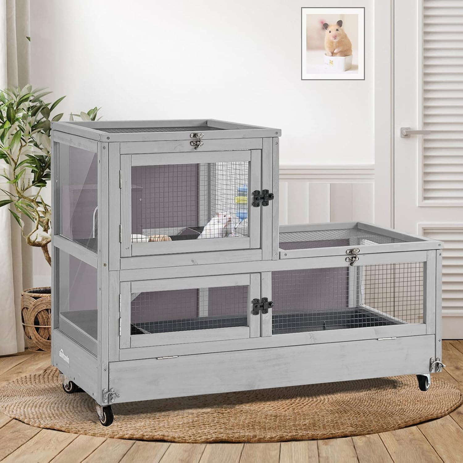 2-Level Wooden Rabbit Hutch & Guinea Pig Cage, 2.36" Deeper Pull Out Tray, Anti-Chewing Rat Cage with Hideout, Aluminum Alloy Edge