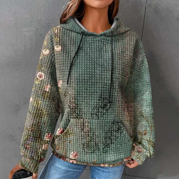 Dolkfu Green Fall&Winter Tops for Women Pull-on Retro Vintage Crew Neck Long Sleeve Sweatshirts & Hoodies Vintage Finish Floral Tops Army Green,L