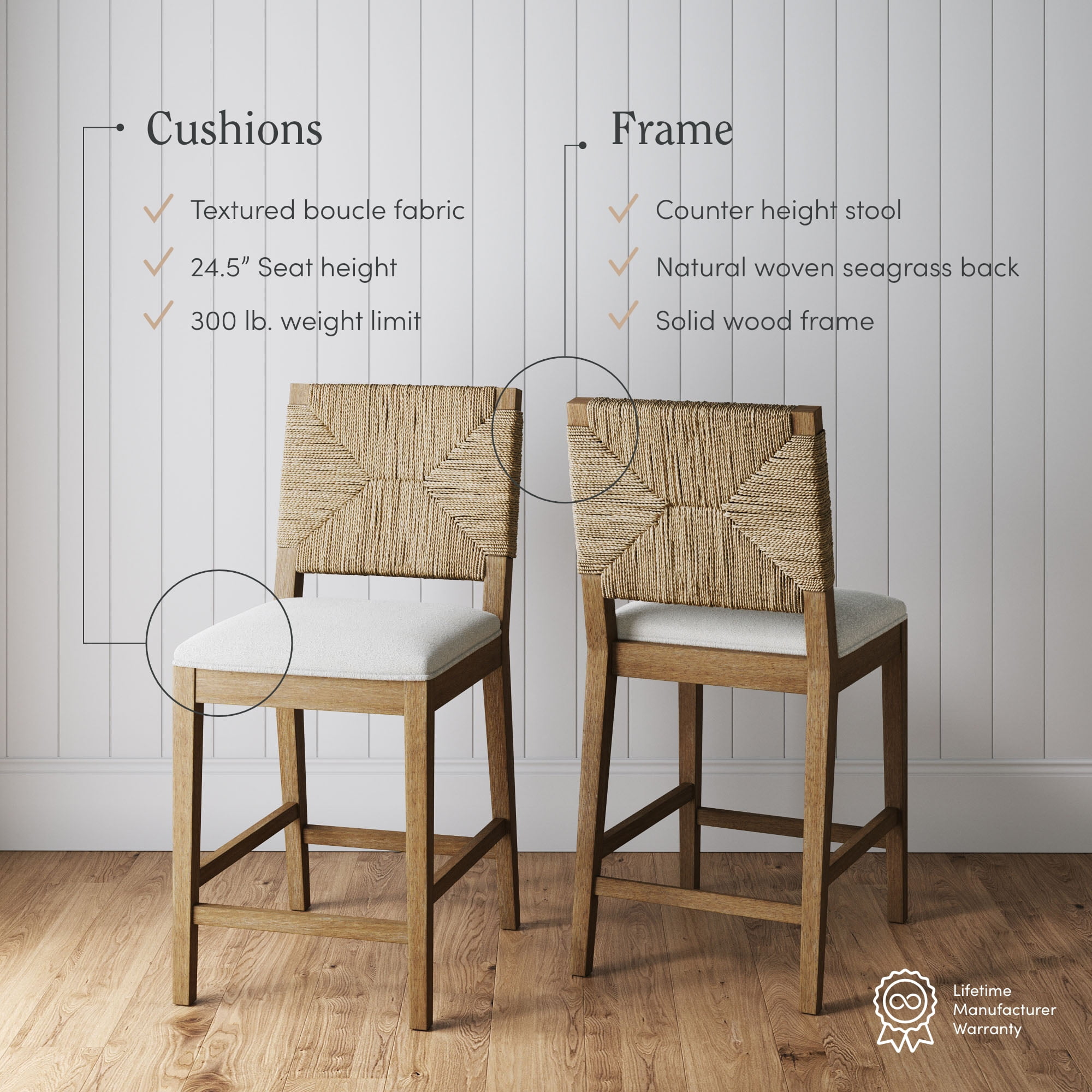 Nathan James Beacon Woven Seagrass Back Counter Height Bar Stools, Cream/Light Brown