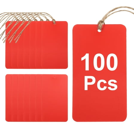100Pcs Red Plastic Shipping Tags, 3.5" x 2" Waterproof Labeling Tags with Thread & Wire for Garage, Inventory Tag