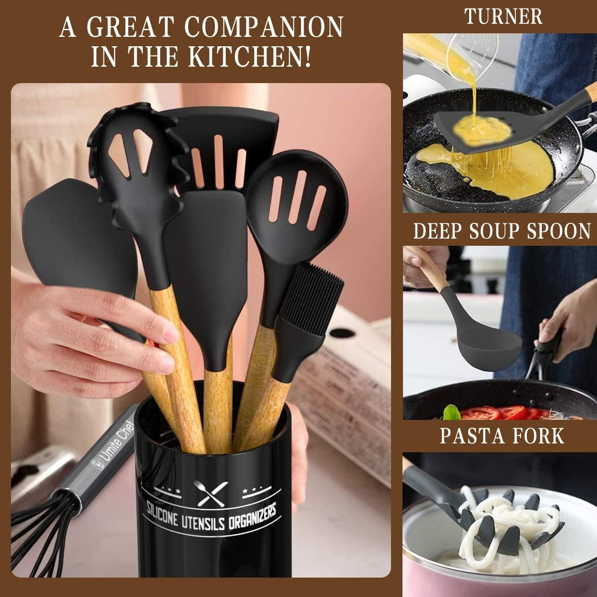 Kitchen Cooking Utensils Set, 33 pcs Non-stick Silicone Cooking Kitchen Utensils Spatula Set with Holder, Wooden Handle Silicone Kitchen Gadgets Utensil Set (Black)
