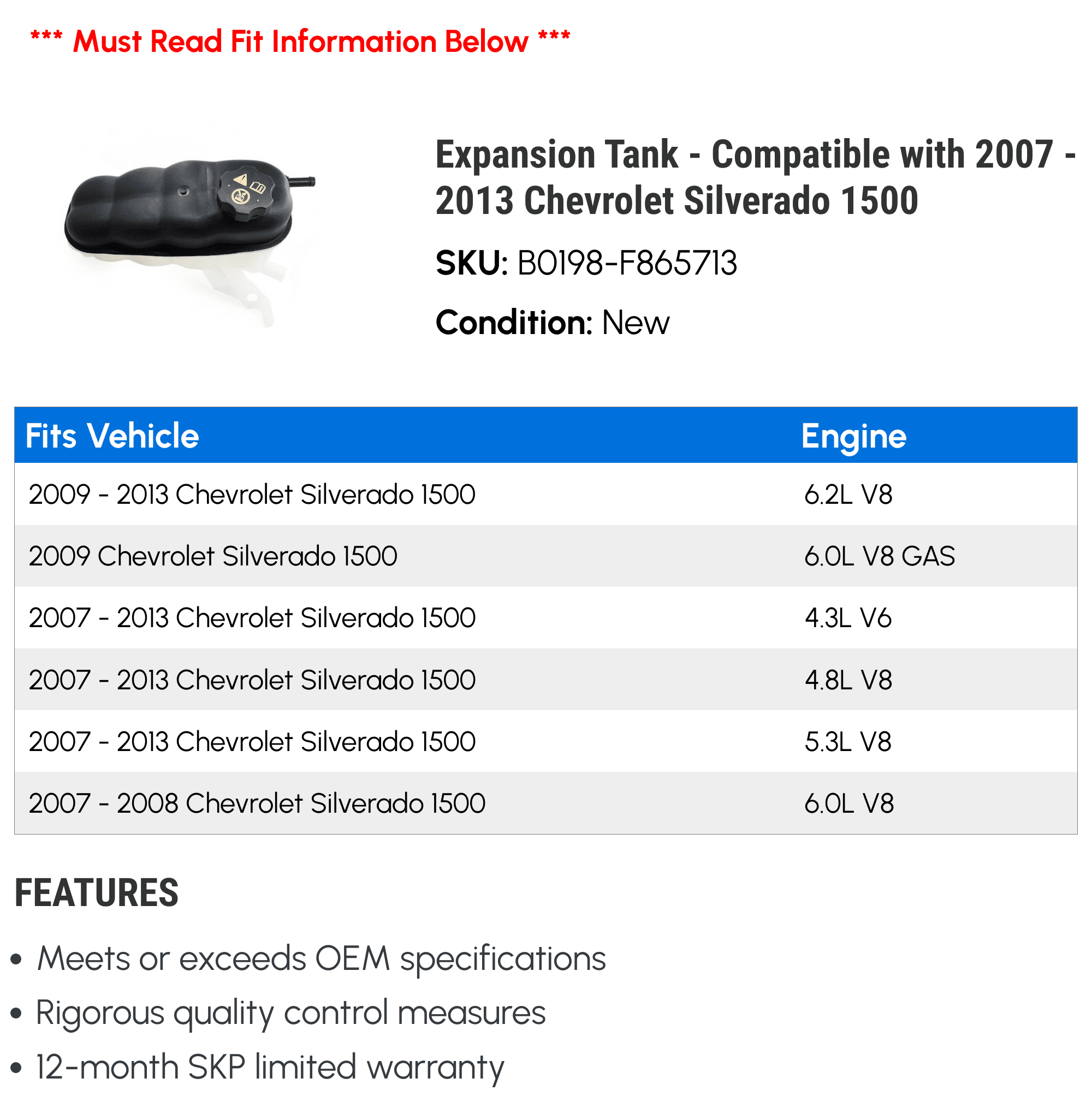 Expansion Tank - Compatible with 2007 - 2013 Chevy Silverado 1500 2008 2009 2010 2011 2012
